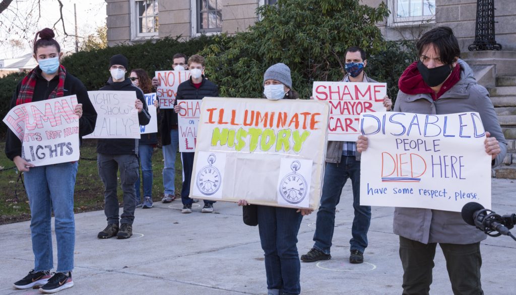 Protesters at Waltham City Hall on November 20